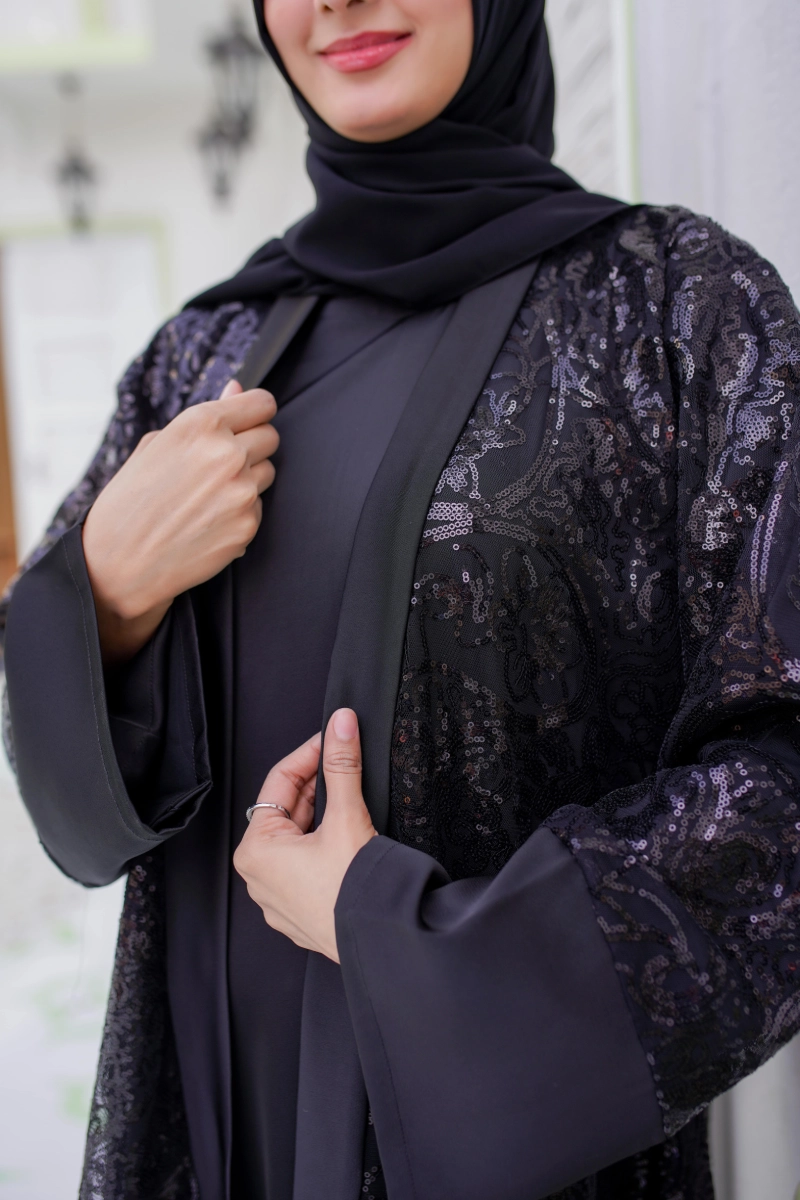 Black Sequin Open Abaya - Image 2